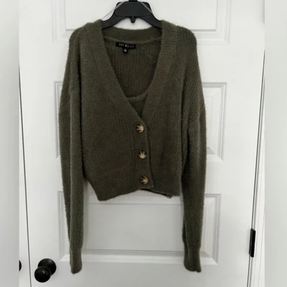 🟦 NWT Say What? Women’s Olive Plush Cropped Cardigan & Tank Set Sz M